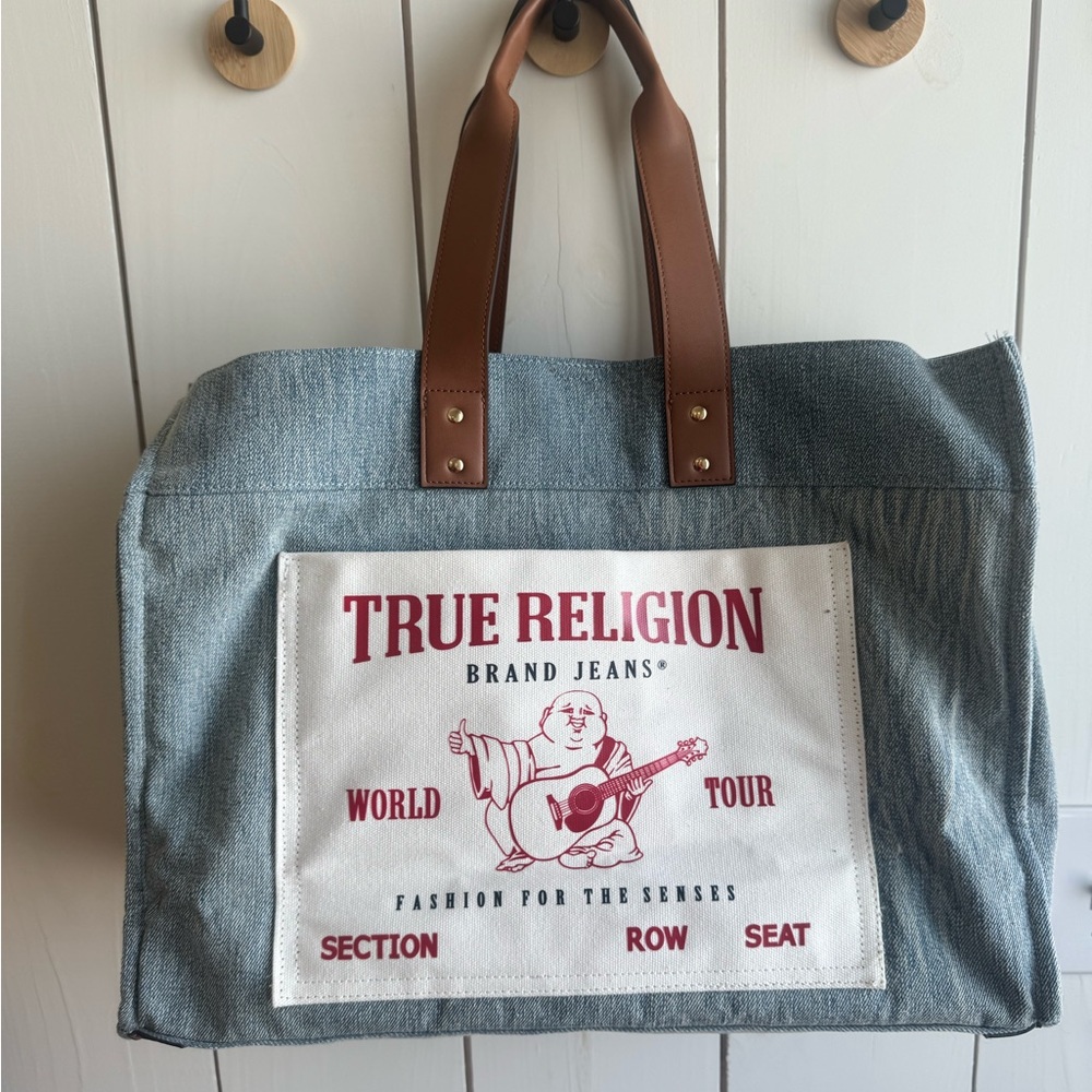True Religion Blue and Brown Tote Bag with Leather Handles Like New!